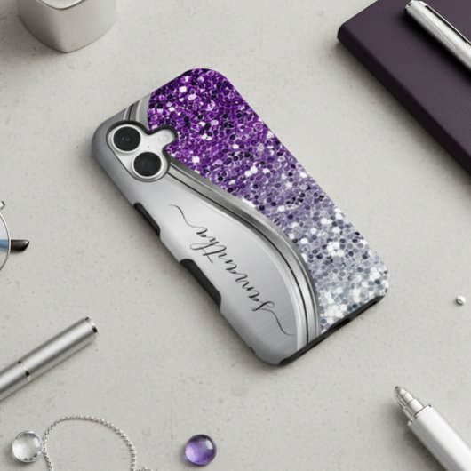 Coque Samsung Galaxy Monogramme manuscrit paillettes violettes argentée