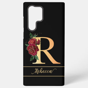 Coque Samsung Galaxy Monogramme R doré nom personnalisé roses rouges no