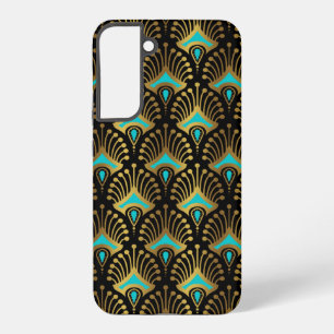 Coque Samsung Galaxy Motif Art Déco or et bleu sur fond noir