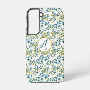 Coque Samsung Galaxy Motif de feuilles bleues et dorées avec initiales