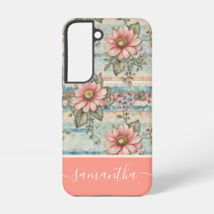 Coque Samsung Galaxy Motif floral vintage élégant Nom personnalisé pêch