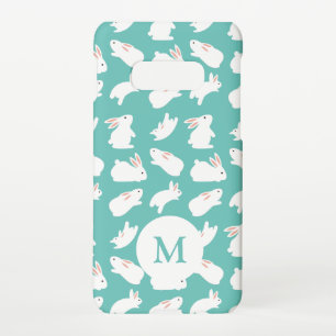 Coque Samsung Galaxy S10E Motif lapin mou sur Monogramme Turquoise
