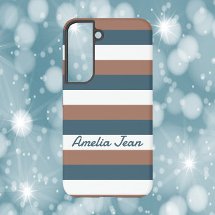 Coque Samsung Galaxy Motif Rayures Personnaliser Marron Turquoise Blanc