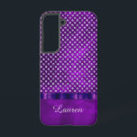 Coque Samsung Galaxy Motif Royal Purple Silver<br><div class="desc">Ce joli coque présente un faux bijou d'argent clouté sur un arrière - plan d'arrière - plan royal violet abstrait foncé qui brille pratiquement. Votre nom ou monogramme est en script sur la partie inférieure. Un ruban faux violet sépare les deux sections. Élégant et classe ! * Veuillez noter que...</div>