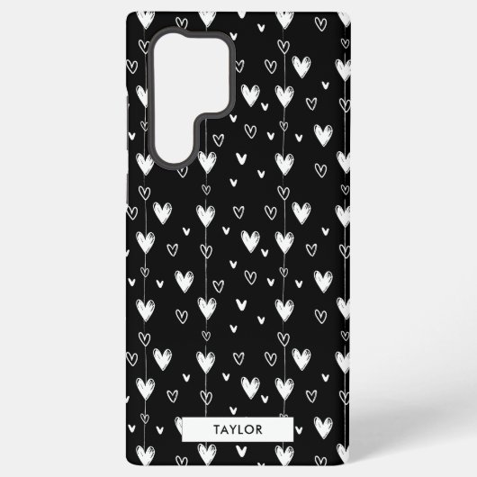 Coque Samsung Galaxy Noir Blanc Doodle Hearts Motif Monogramme Nom (Verso)
