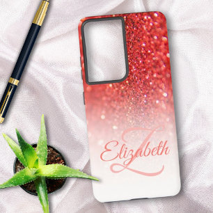 Coque Samsung Galaxy Nom Chic Monogramme Corail Paillettes Ombre