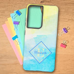 Coque Samsung Galaxy Nom personnalisé Monogram Pastel Coton Candy Coule<br><div class="desc">Cette conception est composée de couleur pastel pastel couleur bonbon jaune et bleu, avec un nom encadré de losange bleu et jaune et un monogramme de lettre initiale. Remplissez les champs de texte personnalisés avec un nom et une initiale, retirez sur ou l'autre ou modifiez à l'aide de la conception...</div>