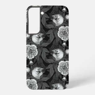 Coque Samsung Galaxy Oiseaux et fleurs de pivoine monochromes, gris