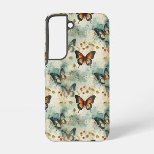 Coque Samsung Galaxy Papier Botanique Papillon Sarcelle Vintage