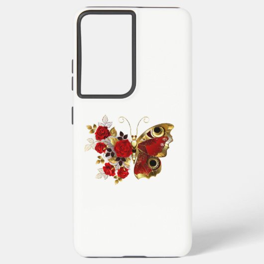 Coque Samsung Galaxy Papillon de fleurs rouges aux roses rouges (Verso)