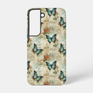 Coque Samsung Galaxy Papillons Turquoise Vintage Floral Rustique