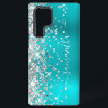 Coque Samsung Galaxy Parties scintillant argent Turquoise Blue Girl Sig<br><div class="desc">Parties scintillant argentée brillante et irrégulière sur le bord gauche, au-dessus d'un faux ton de bijou clair aqua et d'une feuille de métal brossé bleu turquoise et ombragé. La signature girly moderne dispose d'une élégante police de calligraphie blanche avec queues décoratives dans un format vertical. Customisez les styles de police...</div>