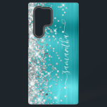Coque Samsung Galaxy Parties scintillant argent Turquoise Blue Girl Sig<br><div class="desc">Parties scintillant argentée brillante et irrégulière sur le bord gauche, au-dessus d'un faux ton de bijou clair aqua et d'une feuille de métal brossé bleu turquoise et ombragé. La signature girly moderne dispose d'une élégante police de calligraphie blanche avec queues décoratives dans un format vertical. Customisez les styles de police...</div>
