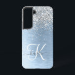 Coque Samsung Galaxy Parties scintillant en argent brossé bleu Nom du m<br><div class="desc">Personnalisez facilement ce design branché de boîtier de téléphone chic avec une jolie parties scintillant brillante en argent sur un arrière - plan métallique brossé bleu.</div>