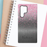 Coque Samsung Galaxy Parties scintillant rose Silver Metal Glam personn<br><div class="desc">Parties scintillant rose en métal argenté Personnalisé Glam Samsung Galaxy S22 Ultra Coque. Parties scintillant rose chic affichée sur un arrière - plan en métal argenté. Personnalisez ce boîtier téléphonique dans un monogramme tendance.</div>