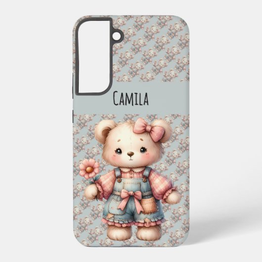 Coque Samsung Galaxy Pastel Teddy Bear Holding Flower Wear Overalls (Verso)