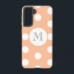 Coque Samsung Galaxy Peach Polkadot<br><div class="desc">Protégez votre téléphone avec style grâce à cette couverture de téléphone monogramme à pois doux! Doté d'un arrière - plan de pêche pastel chaleureux parsemé de pois blancs, ce design ajoute une touche ludique mais élégante à votre technologie quotidienne. Le monogramme personnalisable ajoute un côté personnel, le rendant unique, ou...</div>