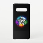 Coque Samsung Galaxy S10 pentagramme du Wiccan<br><div class="desc">Pentagramme lumineux dessiné de façon artistique avec cinq éléments magiques,  eau,  terre,  feu,  astral,  air sur arrière - plan noir. Pentagramme de Wiccan. Wicca</div>