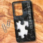 Coque Samsung Galaxy Pièce de puzzle manquante Photographie personnalis<br><div class="desc">Ma photo met en évidence la pièce unique manquante d'un puzzle dans un segment d'une scie noire. Personnalisez le texte, supprimez le texte ou modifiez-le à l'aide de l'outil de conception pour sélectionner un style, une taille et une couleur de police que vous préférez. Vous pouvez également transférer cette conception...</div>