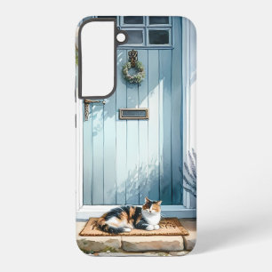Coque Samsung Galaxy Porche Floral Cottagecore avec Chat Calicot