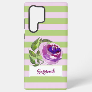 Coque Samsung Galaxy Rose aquarelle florale rayée Ajoutez votre nom