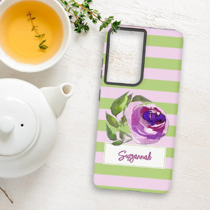 Coque Samsung Galaxy Rose aquarelle florale rayée Ajoutez votre nom