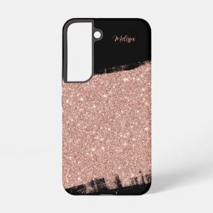 Coque Samsung Galaxy Rose Gold Noir Paillettes Brosse Nom Personnalisé