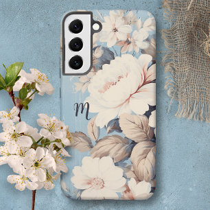 Coque Samsung Galaxy Roses blanches sur fond bleu rustique avec monogra