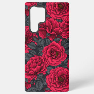 Coque Samsung Galaxy Roses rouges avec feuilles gris sur noir