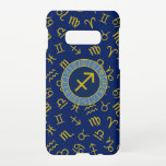 Coque Samsung Galaxy S10E Sagittaire Zodiac Astrologie Symboles Ptn Gld Blue<br><div class="desc">Design de roue zodiaque en faux or clair,  bleu clair et bleu foncé avec le symbole Sagittarius centre sur un signe astrologique/zodiaque symboles motif dans une fausse couleur or sur un arrière - plan bleu foncé.</div>