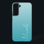 Coque Samsung Galaxy Script d'écriture manuscrite turquoise dégradé per<br><div class="desc">Un étui Samsung personnalisé dans un design moderne turquoise dégradé bleu. La police de script d'écriture à la mode ajoute une touche unique lors de l'ajout de votre nom.</div>