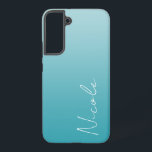 Coque Samsung Galaxy Script d'écriture manuscrite turquoise dégradé per<br><div class="desc">Un étui Samsung personnalisé dans un design moderne turquoise dégradé bleu. La police de script d'écriture à la mode ajoute une touche unique lors de l'ajout de votre nom.</div>