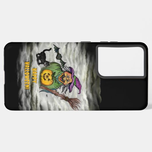 Coque Samsung Galaxy Sorcière, Chat, Chauve-souris et Citrouille, Bonne (Côté gauche)