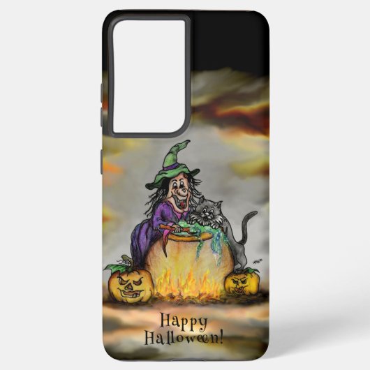 Coque Samsung Galaxy Sorcière et chat noir, Happy Halloween ! (Verso)