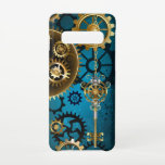Coque Samsung Galaxy S10 Steampunk Arrière - plan turquoise avec Gears<br><div class="desc">Arrière - plan turquoise,  texturé,  steampunk avec des engrenages en laiton et or,  une clé en argent et l'horloge. Style Steampunk.</div>