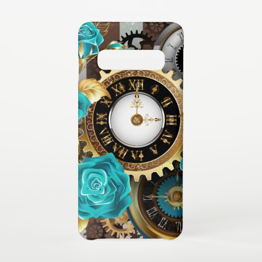 Coque Samsung Galaxy Steampunk Clock and Turquoise Roses on Striped (Dos)