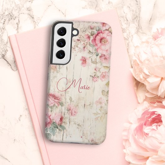 Coque Samsung Galaxy Style chalet rustique Roses sur bois ancien avec n