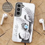 Coque Samsung Galaxy Swan Woman Dancing Ballet Élégant Surreal Art Nom<br><div class="desc">Ce design de cas de téléphone artistique a été créé à l'aide de mon oeuvre d'origine dessinée à la main "The Swan" - élégant dessin au crayon de la femme dansante avec fleur bleue dans les cheveux et sa main se transformant en cygne. Chic et beau cadeau pour amoureux de...</div>