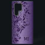 Coque Samsung Galaxy Texture métallique violette et dentelle florale<br><div class="desc">Dentelle fleurie violette sur l'image d'un arrière - plan de peinture métallique violet.</div>