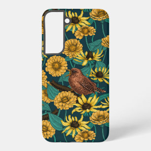 Coque Samsung Galaxy Troglodytes et fleurs sur fond bleu foncé