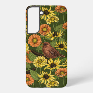 Coque Samsung Galaxy Troglodytes et fleurs sur fond vert