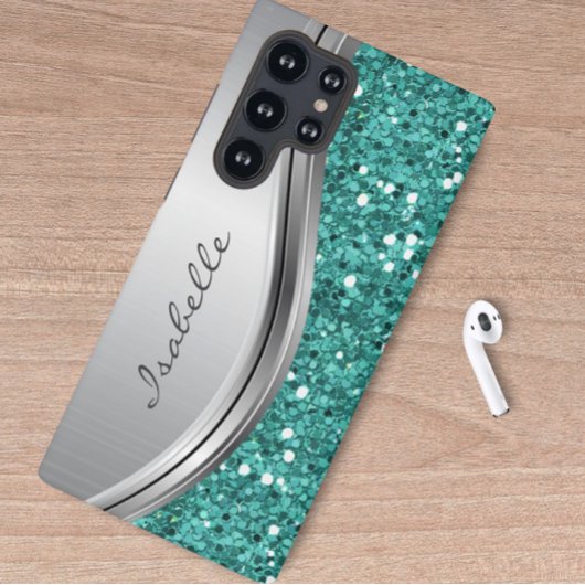 Coque Samsung Galaxy Turquoise Silver Sparkle Glam Bling Métal personna