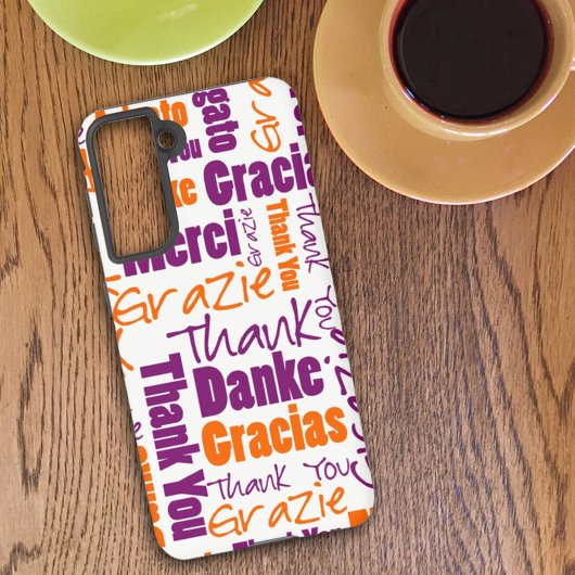 Coque Samsung Galaxy Typographie multilingue Orange Violet Merci 