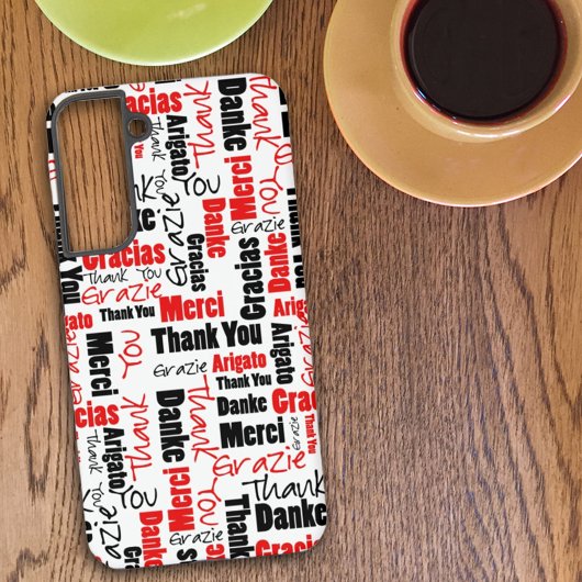 Coque Samsung Galaxy Typographie multilingue rouge et noir Merci