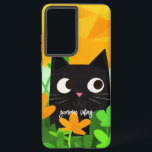 Coque Samsung Galaxy Vibes d'été Personnalisé Floral Chat noir<br><div class="desc">Ce coque Samsung personnalisé est parfait pour les amoureux de les chats qui veulent protéger leur téléphone tout en montrant leur amour pour les felines. Le coque présente un imprimé abstrait mignon avec un chat noir à fleurs sucrées avec un arrière - plan orange et vert. Vous pouvez personnaliser le...</div>