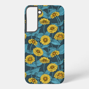 Coque Samsung Galaxy Zinnias jaunes sur fond bleu foncé