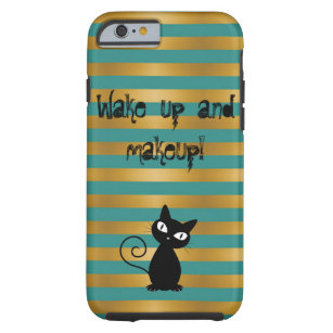 Coque Tough iPhone 6 Whimsical Black Cat, Striped-Wake up et maquillage