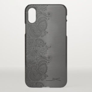 Coque iPhone X Aluminium brossé gris métallique et dentelle flora