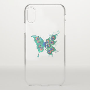 Coque iPhone X Papillon aux plumes de paon vert