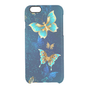Coque iPhone 6/6S Papillons d'or sur un Arrière - plan bleu
